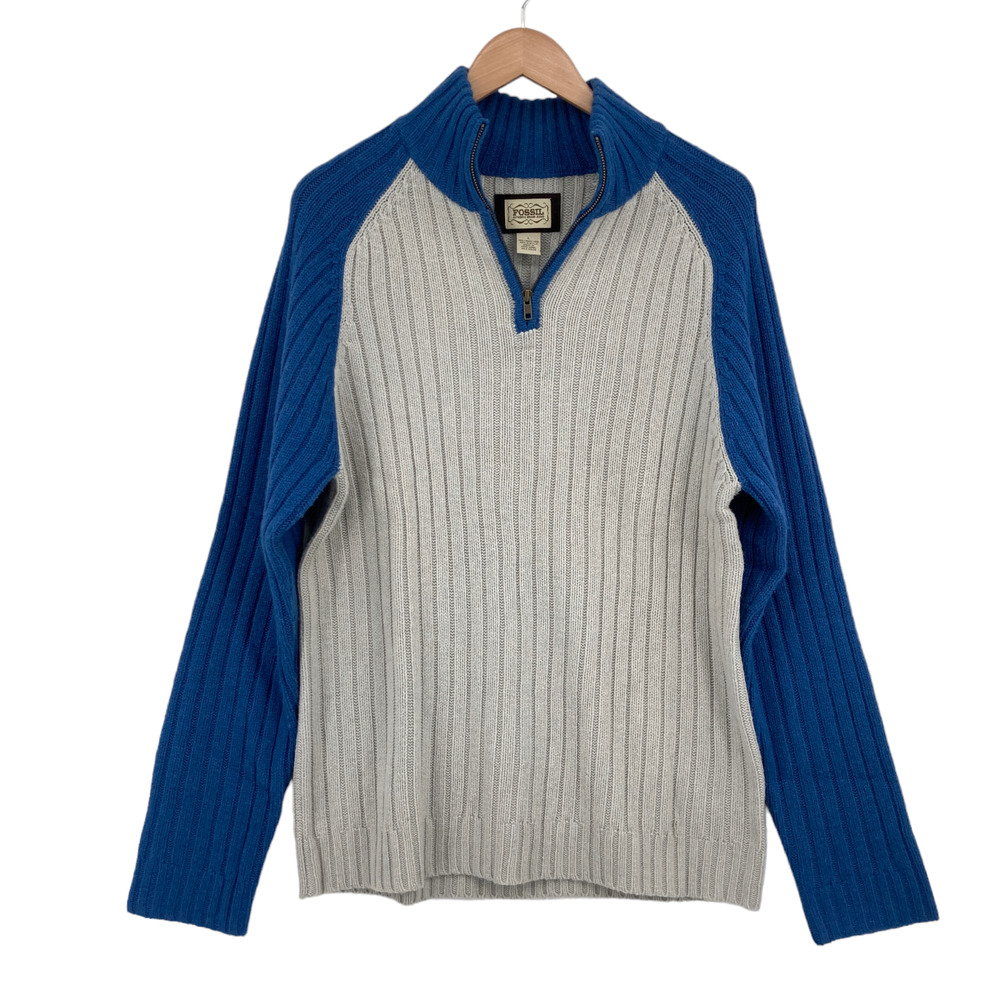 Fossil Sweater Lambswool Mens Large Gray Blue Knit Long Sleeve 1/4 Zipper